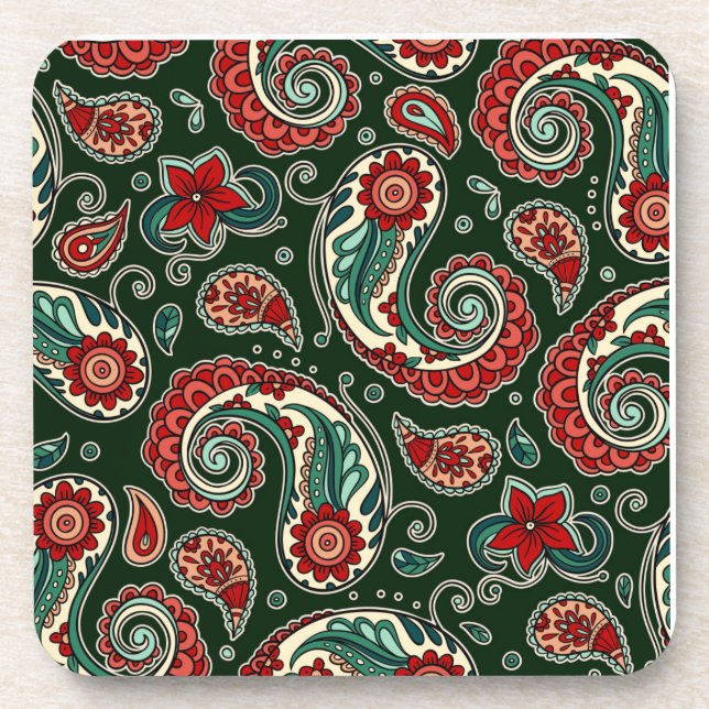 Red and Green Paisley Hard plastic coaster (Front)