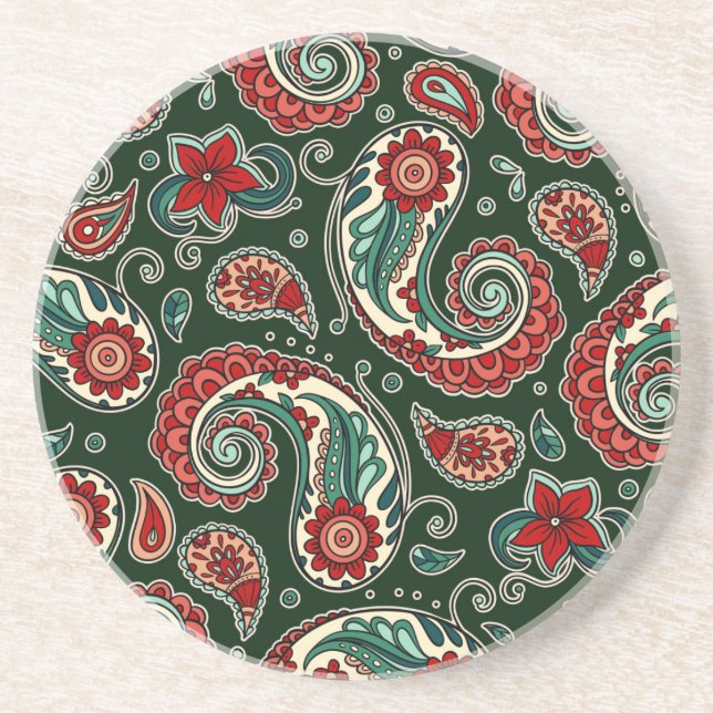 Red and Green Paisley Sandstone Coaster (Front)