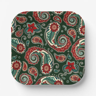 Red and Green Paisley Square Paper Plates