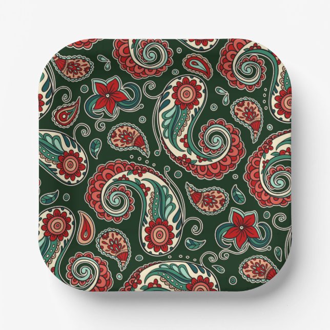 Red and Green Paisley Square Paper Plates (Front)