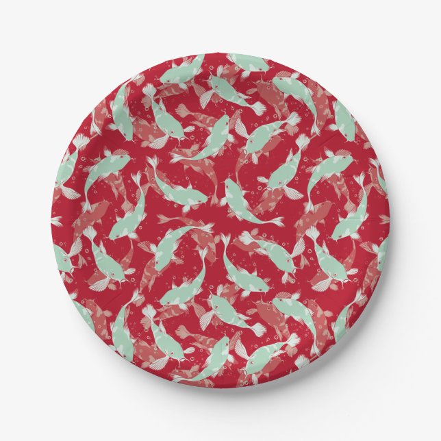 Red and Green Pattern - Koi Fish Paper Plate (Front)