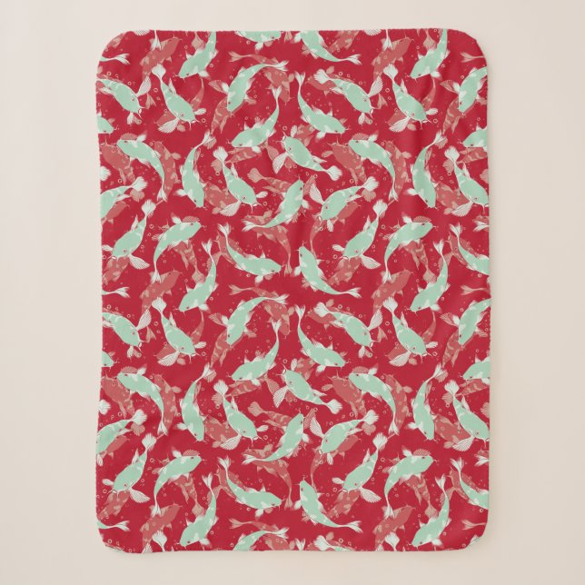 Red and Green Pattern - Koi Fish Sherpa Blanket (Front)