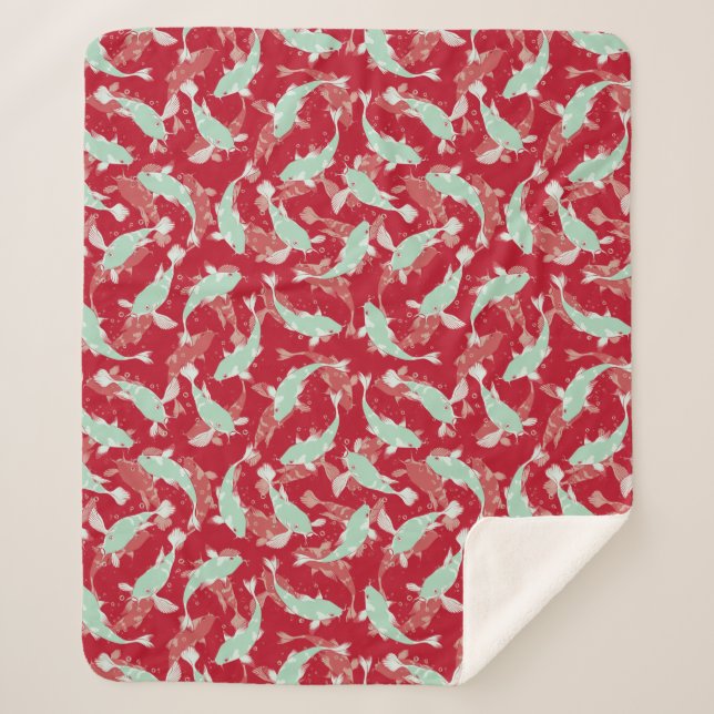 Red and Green Pattern - Koi Fish Sherpa Blanket (Front)