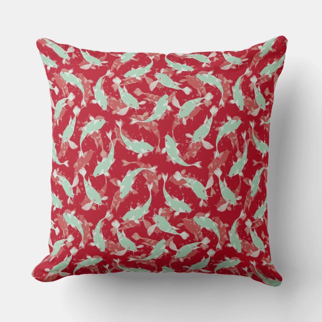 Red and Green Pattern - Koi Fish Throw Pillow (Front)