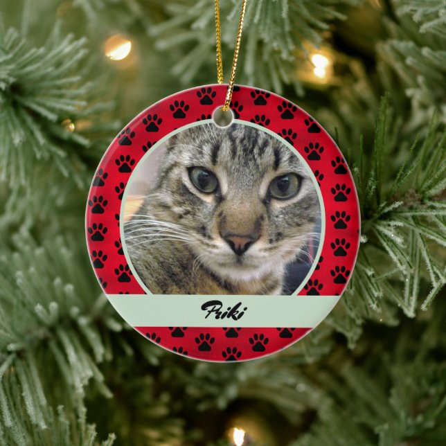 Red and Green Paw Print Pattern Cat Photo and Name Ceramic Ornament (Tree)