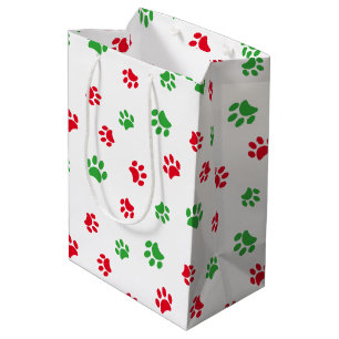 Red and Green Paw Prints Pattern Christmas Theme Medium Gift Bag