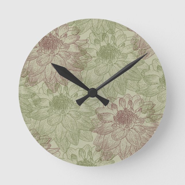 Red and Green Peonies Round Clock (Front)