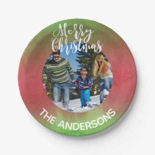 Red and Green Photo Merry Christmas Party Paper Plate