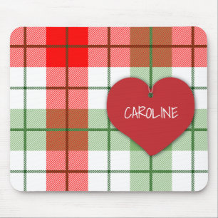 Red and Green Plaid and Heart Mouse Pad