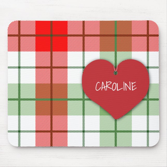 Red and Green Plaid and Heart Mouse Pad (Front)