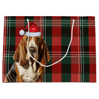 Red and Green Plaid Basset Hound Dog Lover Holiday Large Gift Bag