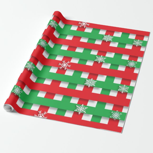 Red and Green Plaid Chequered Snowflakes Christmas Wrapping Paper (Unrolled)
