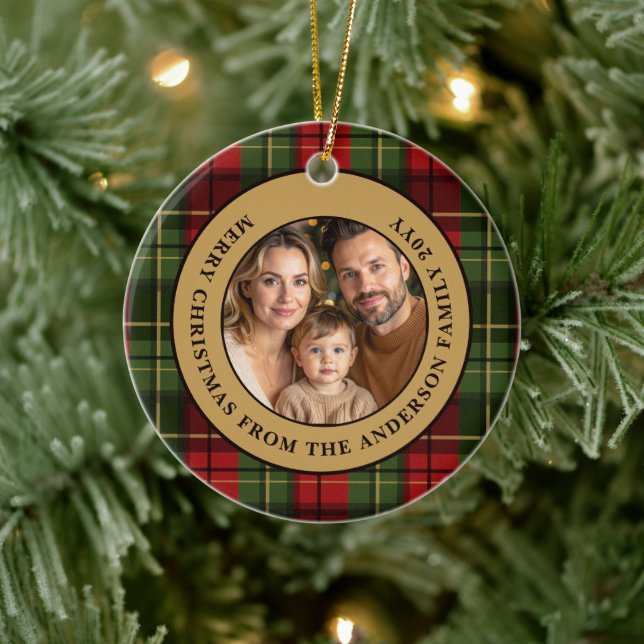Red And Green Plaid Custom Family Photo Christmas Ceramic Ornament (Tree)