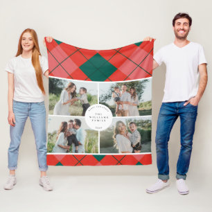 Red and Green Plaid Family Photo Christmas Fleece Blanket