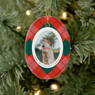 Red and Green Plaid Family Photo Oval Christmas Ceramic Ornament
