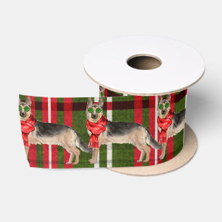 Red and Green Plaid German Shepherd Christmas Satin Ribbon