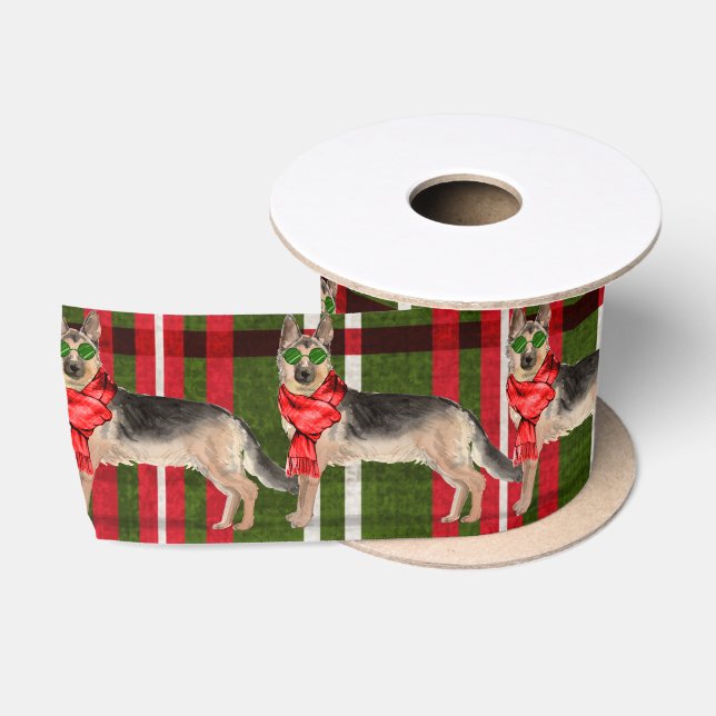 Red and Green Plaid German Shepherd Christmas Satin Ribbon (Spool)