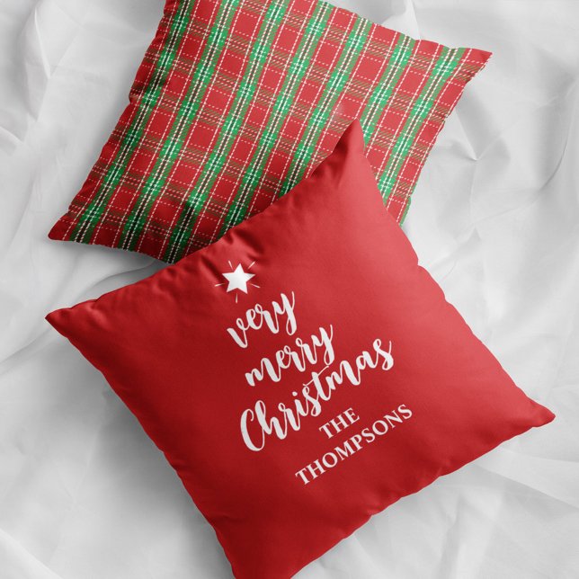 Red and Green Plaid Merry Christmas Custom Throw Pillow (Merry Christmas red plaid custom throw pillow)