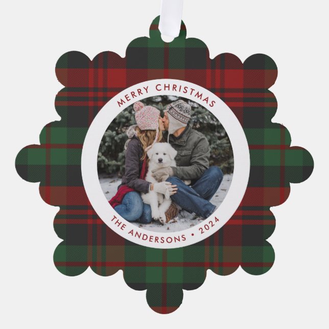 Red and Green Plaid Single Photo Holiday Ornament Card (Front)