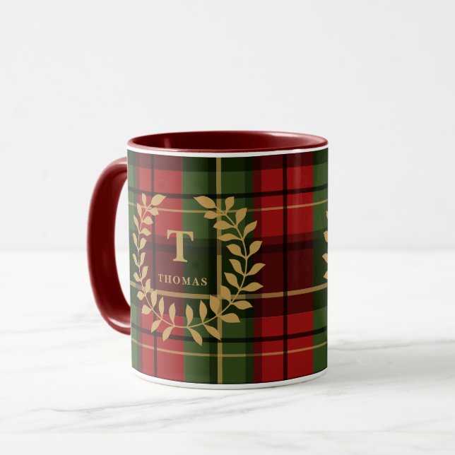 Red And Green Plaid With Monogram Wreath And Name Mug (Front Left)