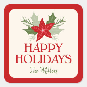 Red and Green Poinsettia Floral Holiday Gift Square Sticker