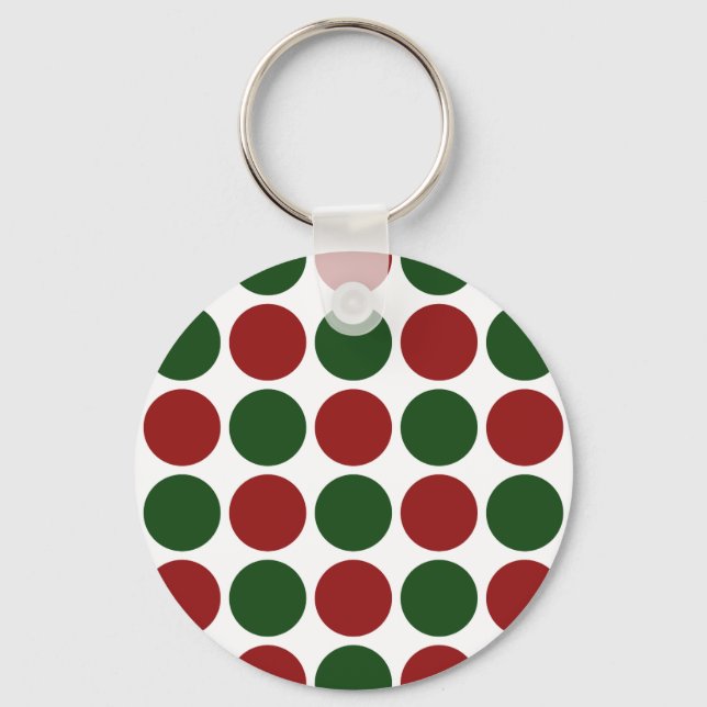 Red and Green Polka Dots on White Keychain (Front)