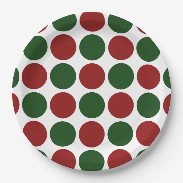 Red and Green Polka Dots on White Paper Plate (Front)