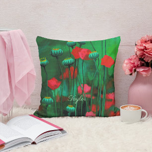 Red and Green Poppies, Floral Art Template Flowers Throw Pillow