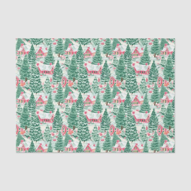 Red and Green Preppy Christmas Winter Houses Tissue Paper (Front)