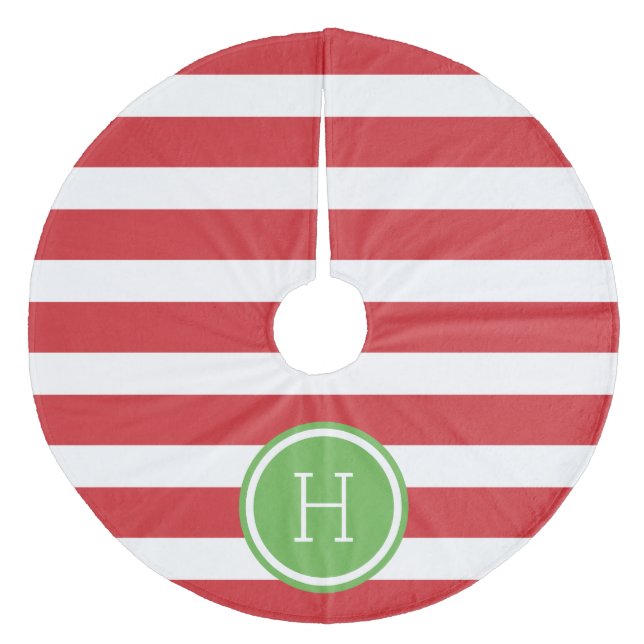 Red and Green Preppy Stripes Monogram Fleece Tree Skirt (Front)