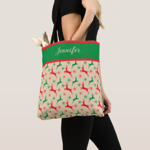 Red and Green Reindeer and Snowflakes Personalized Tote Bag