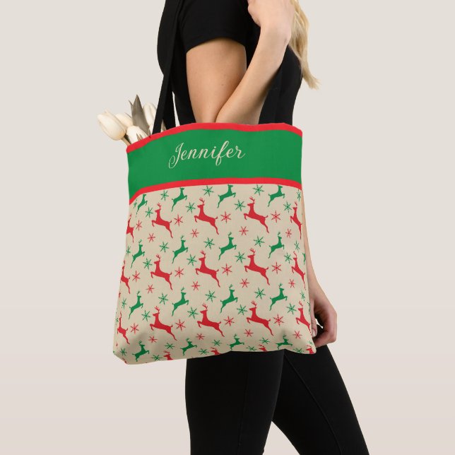 Red and Green Reindeer and Snowflakes Personalized Tote Bag (Close Up)