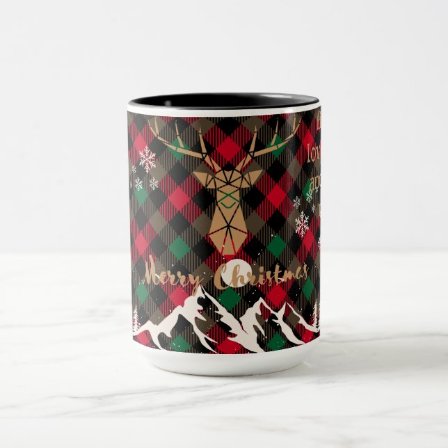 Red and Green Rustic Plaid Reindeer Christmas Mug (Center)