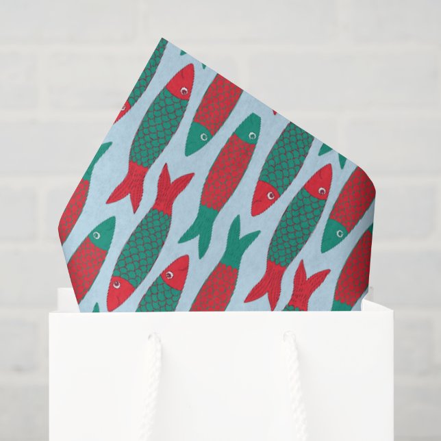 Red and Green Sardines Patterned Christmas Tissue Paper (Gift Bag)