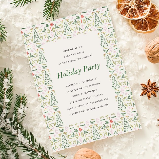 Red and Green Scandinavian Pattern Holiday Party Invitation (Red and Green Scandinavian Pattern Holiday Party Invitation)