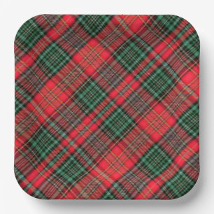 Red and Green Scottish Diagonal Tartan Plaid Paper Plate