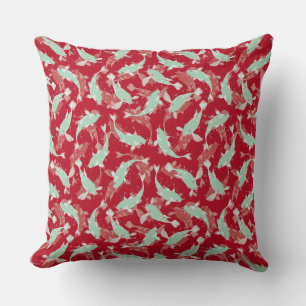 Red and Green Seamless Pattern - Koi Fish Throw Pillow