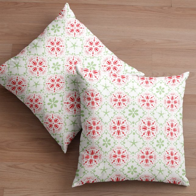 Red and Green Snowflake Pattern Simple Throw Pillow (Simple red and green snowflake pattern throw pillow)