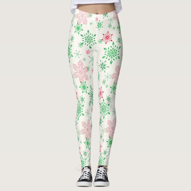 Red and Green Snowflakes Leggings (Front)