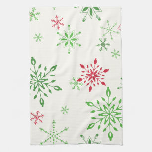 Red and Green Snowflakes on a white background Kitchen Towel