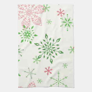 Red and Green Snowflakes on a white background Kitchen Towel