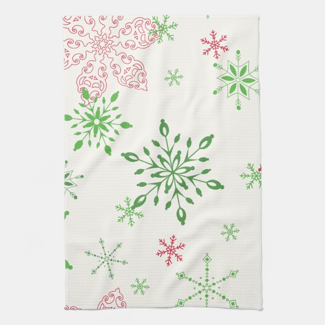 Red and Green Snowflakes on a white background Kitchen Towel (Vertical)