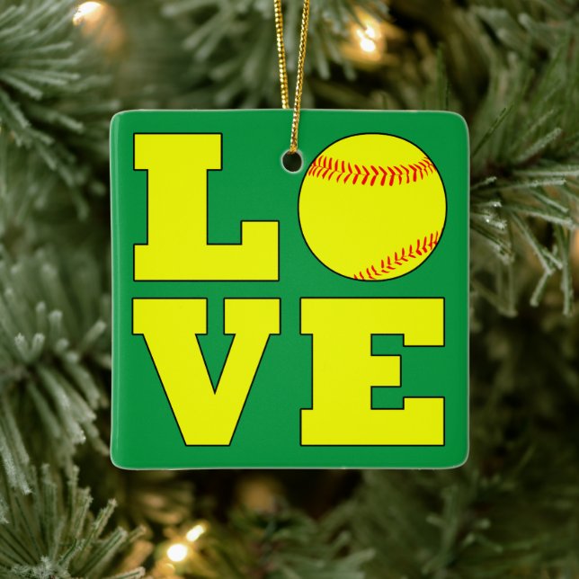 Red and Green Softball Love Reversible Christmas Ceramic Ornament (Tree)