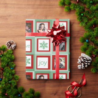 Red and Green Squares Personalized Photo Christmas Wrapping Paper