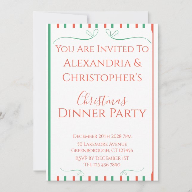 Red and Green Stripe Christmas Dinner Party Invitation (Front)