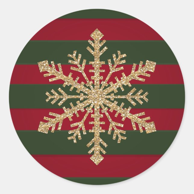 Red and Green Stripe with Gold Glitter Snowflake Classic Round Sticker (Front)