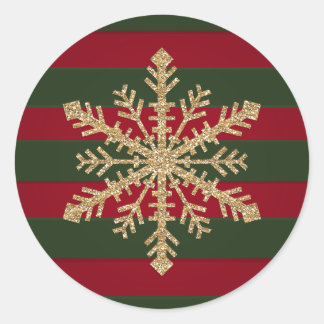 Red and Green Stripe with Gold Glitter Snowflake Classic Round Sticker