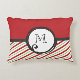 Red And Green Striped Pattern With Monogram Decorative Pillow