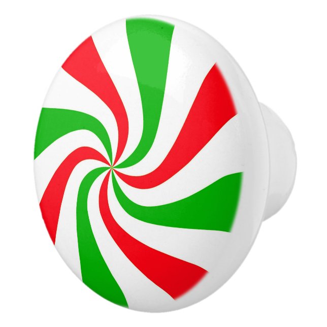 Red and Green Striped Peppermint Candy Swirl Ceramic Knob (Right)