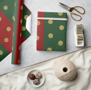 Red and green Stripes and Gold Polka Dots Wrapping Paper